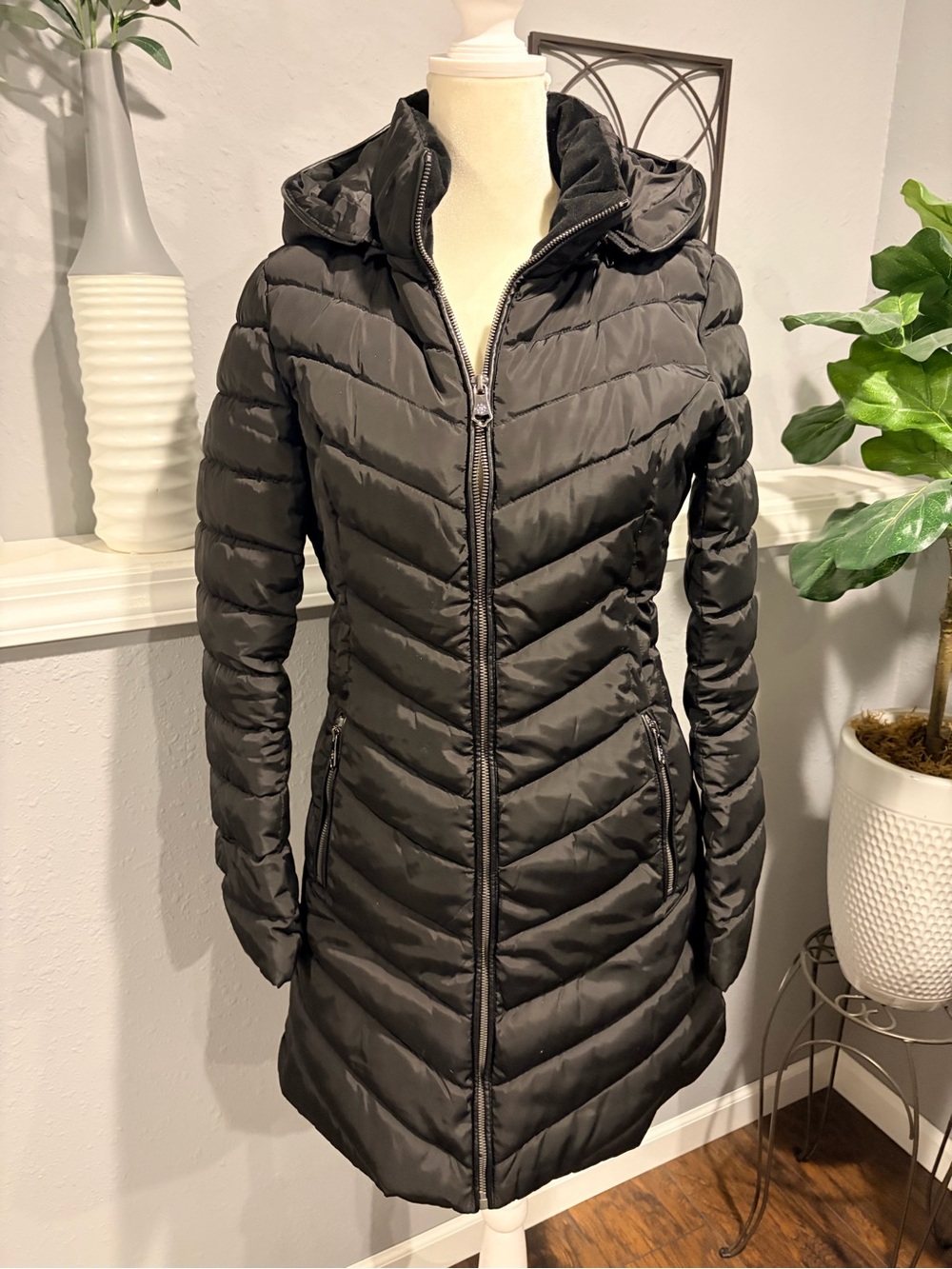Nanette Lepore Black Hooded Quilted Long Puffer Coat